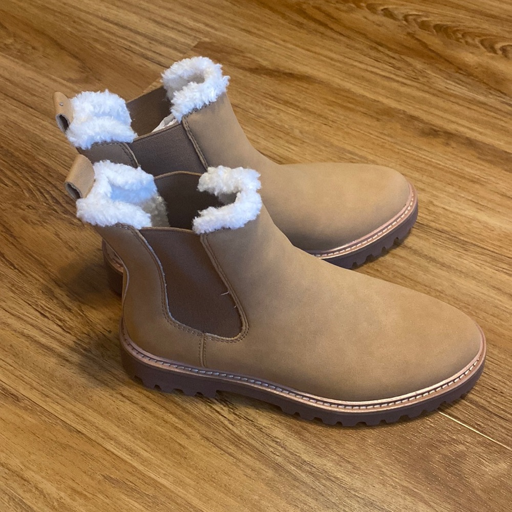 J. Crew Factory Tan Ankle Boots with White Trim